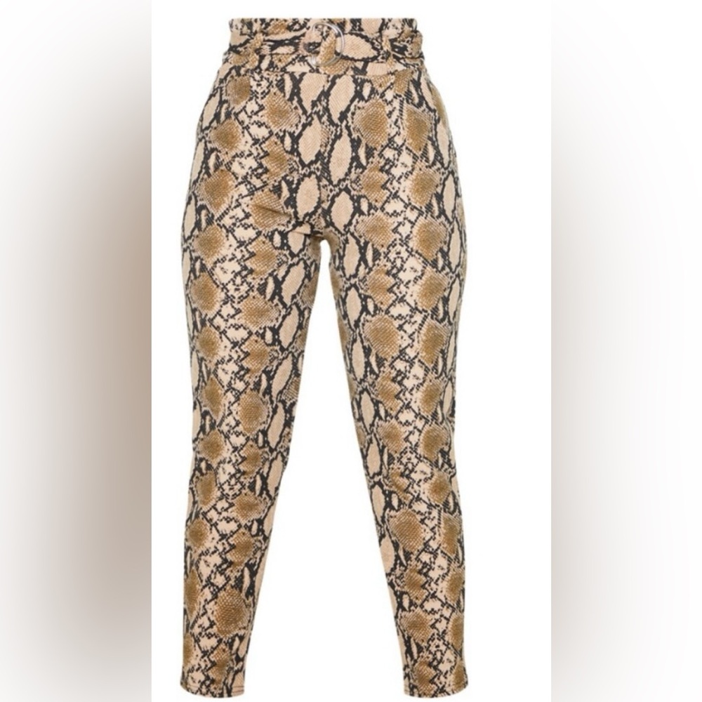 PRETTYLITTLETHING - Snake Print D Ring Belted Skinny Pants, Tan, Size 4 US